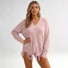 Women's Casual Loose Fit Deep V Neck Asymmetrical Pullover Knit Sweater for Everyday Wear