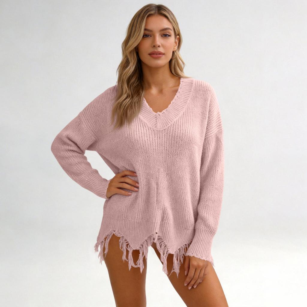 Women's Casual Loose Fit Deep V Neck Asymmetrical Pullover Knit Sweater for Everyday Wear