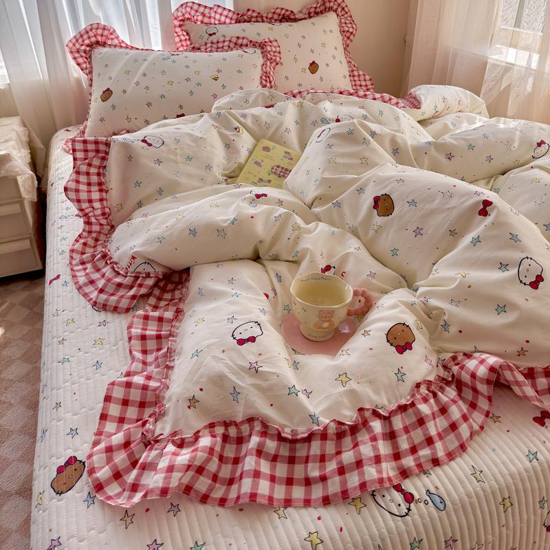 Sleep Grid Bed Cover Style Korean Cotton French Lace Four Piece Set