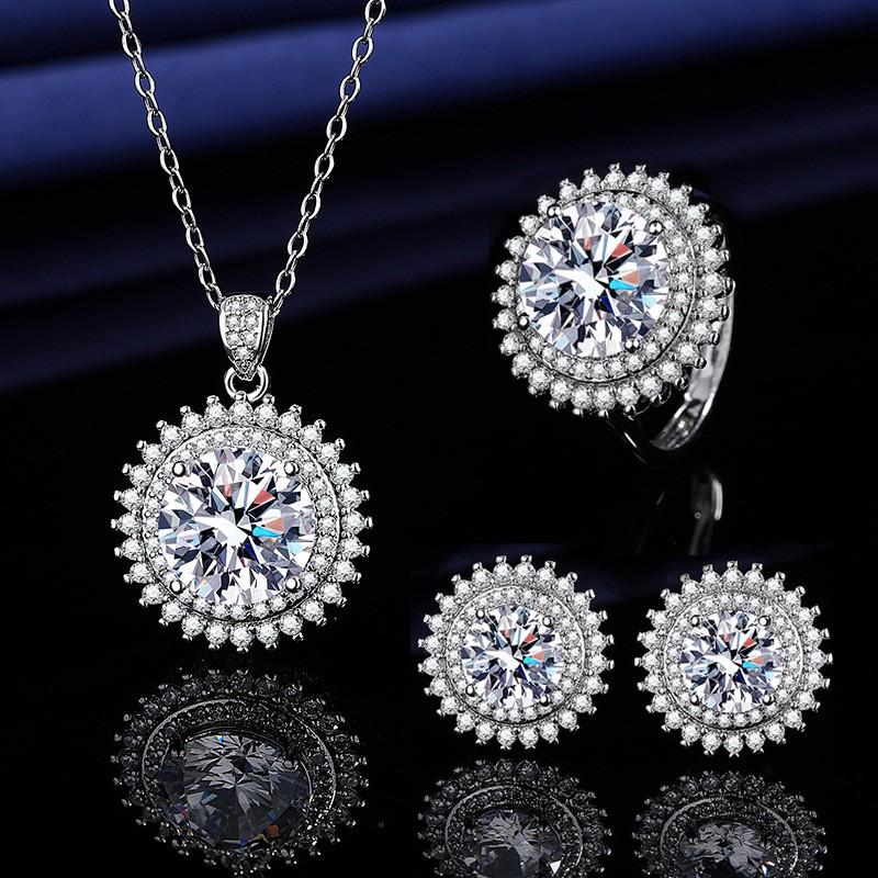 Elegant CZ Gemstone Pendant Necklace Set With Earrings Ring Women Blue Red Yellow Green Purple White Zircon Jewelry