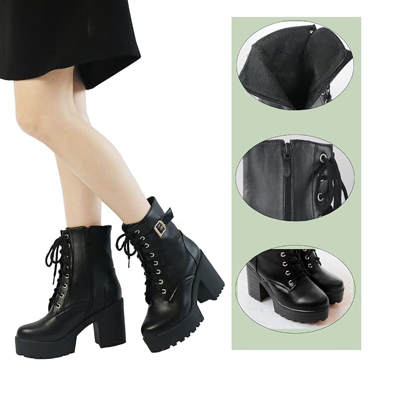 [KiniYitta] Boots, Side Zipper, Platform Boots, Women's Short Boots, Lace-up, Buckle, Chunky Heel, Leg-lengthening, Casual Shoes, Black, Simple,