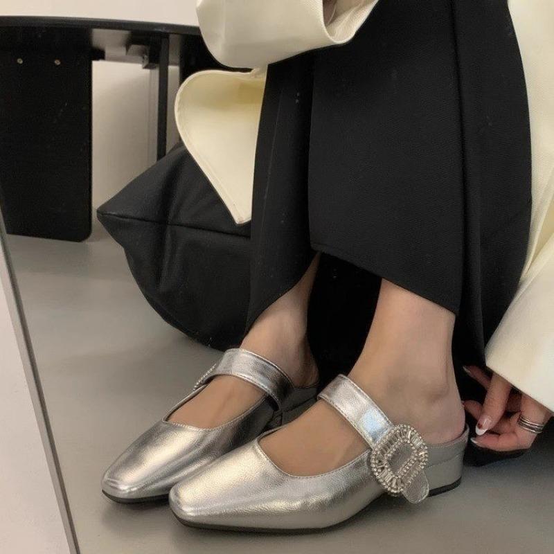 Fashion Women Design Silver  Jane Half Slippers Pointed Toe Sandals 2025 New Flip Flops Summer Casual Dress Mules