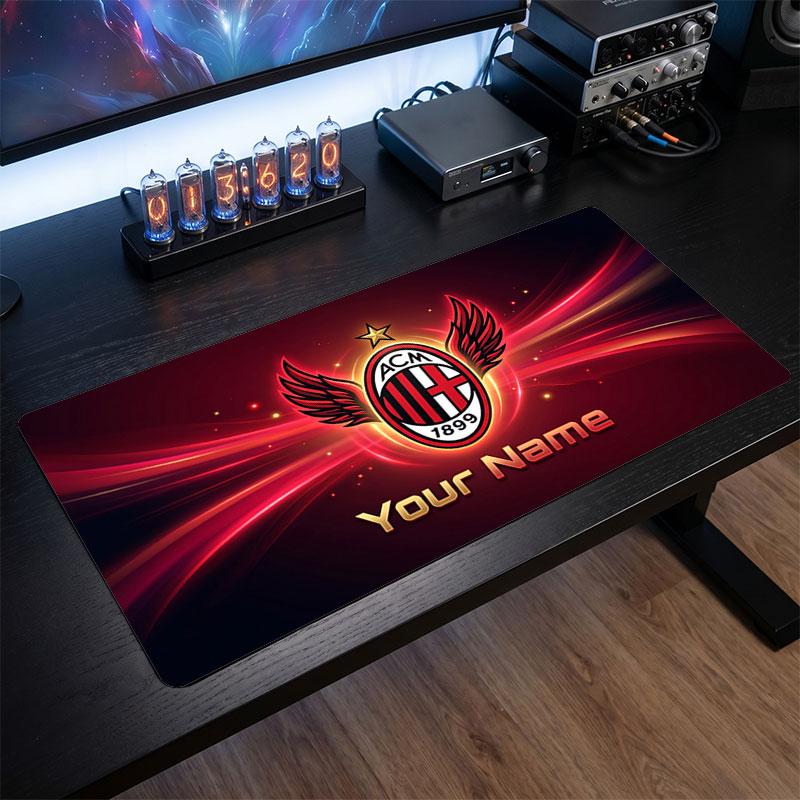 Tappetino per Mouse Grande Personalizzato AC Milan, Stampa Testo Nome Personalizzato, Tappetino da Scrivania Antiscivolo con Logo Calcio, Regalo per Gamer