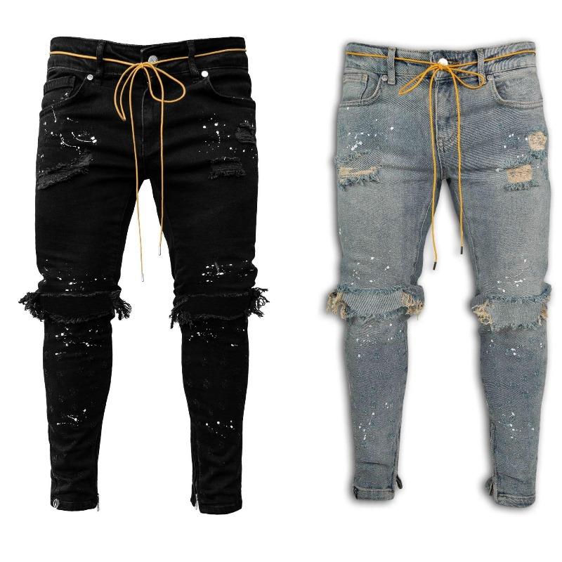 Moda Masculina Jeans Skinny Rasgado Casual Jeans Desgastado Buraco Jeans Slim Fit Calça Jeans Lápis Calça Jeans