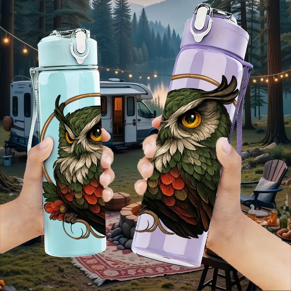 1PC Wise Forest Owl Pattern 750ml Color Plastic Sports Water Bottle Leakproof Flip Straw Lid Suitable for Sports Office Home Use