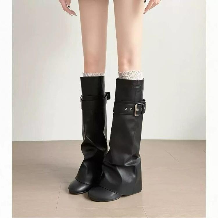 Niche Spice Girls Belt Buckle Pants Boots Women'S Autumn And Winter Round Head Boots But Knee Versatile Boots