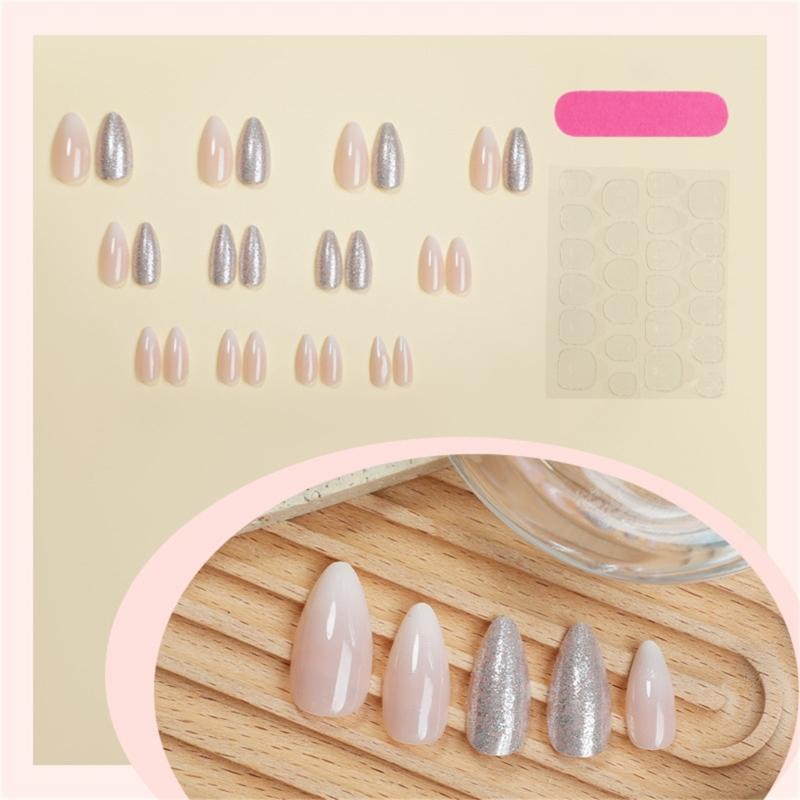24pcs Almond Shape Press On Nail Medium Length Glossy Glitters Designs Artificial Nail Full Cover False Nail Manicure