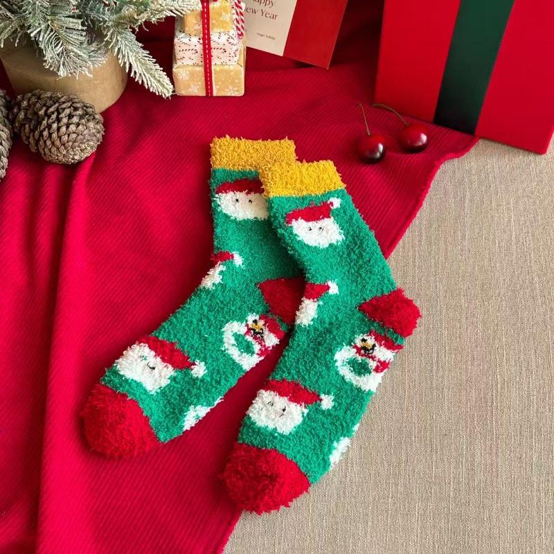 Coral fleece socks women's autumn and winter plush warm tube socks cartoon cute Christmas socks furry sleep socks women