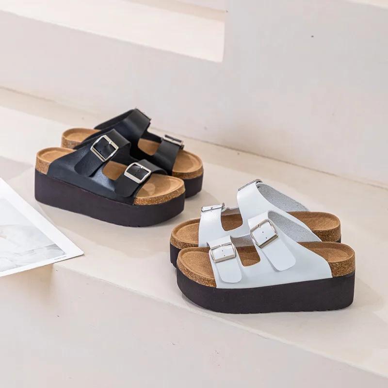 Móda Vysoká kvalita 7CM Kráva Pravá Kůže Retro Pantofle Sandály Boty Platforma Klínek Dámské Dámské Letní Peep Toe Vysoká Značka Móda