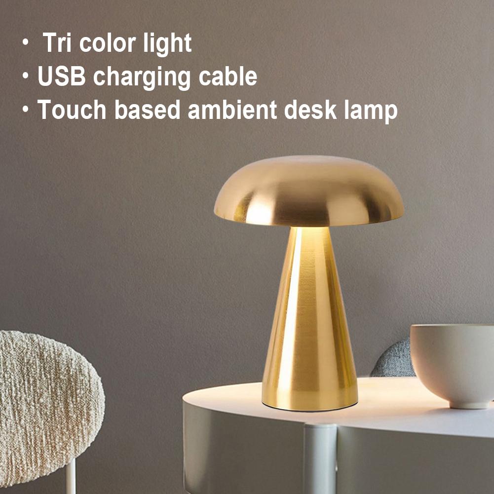 Retro Mushroom Table Lamp USB Rechargeable LED Night Light 3 Light Colors Adjustable Touch Control Reading Lamp for Home Decor