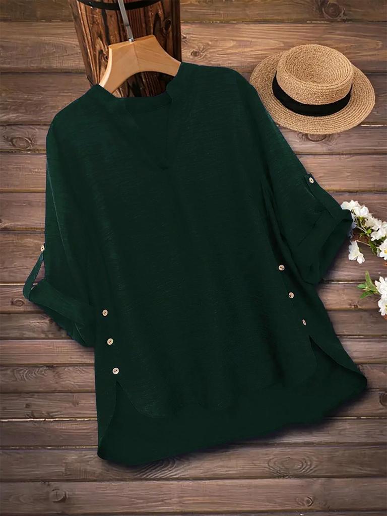 Plus Size Solid Color V-Neck Long Sleeve Button-Up Top - Women's Spring/Autumn Elegant Shirt