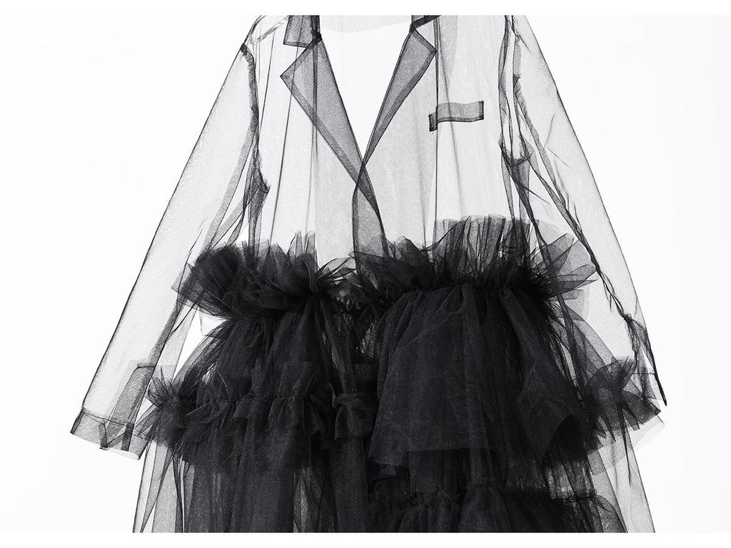 European Design Sheer Mesh Skirt Suit Collar Multi-Layer Patchwork Dress