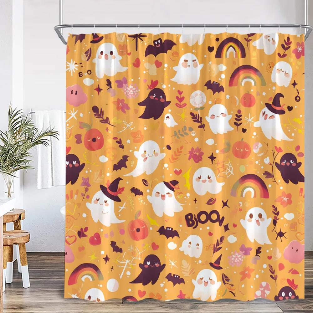 Roztomilý kreslený vzor ducha Sprchový závěs Dýňová lucerna Přízrak Oranžová Růžová Koupelnová dekorace Dítě Šťastný Halloween Vana Závěs