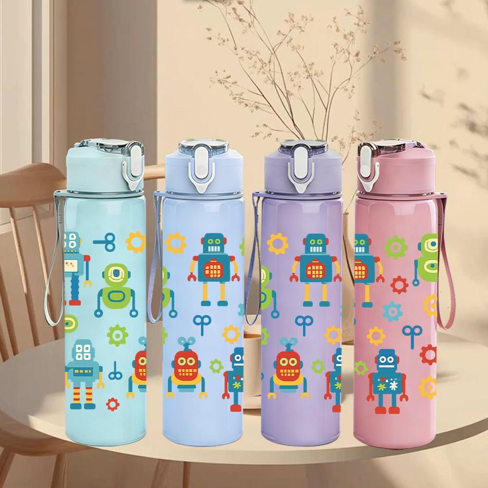 1PC Colorful Robot Repeat Pattern 750ml Color Plastic Sports Water Bottle Leakproof Flip Straw Lid Suitable for Sports Office Home Use