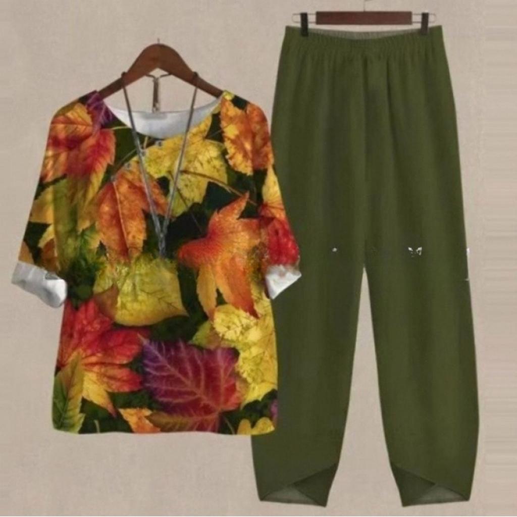 Women's Loose Fit Floral Printed Two Piece Outfit Half Sleeve T-Shirt Elastic Waist Pantsuit