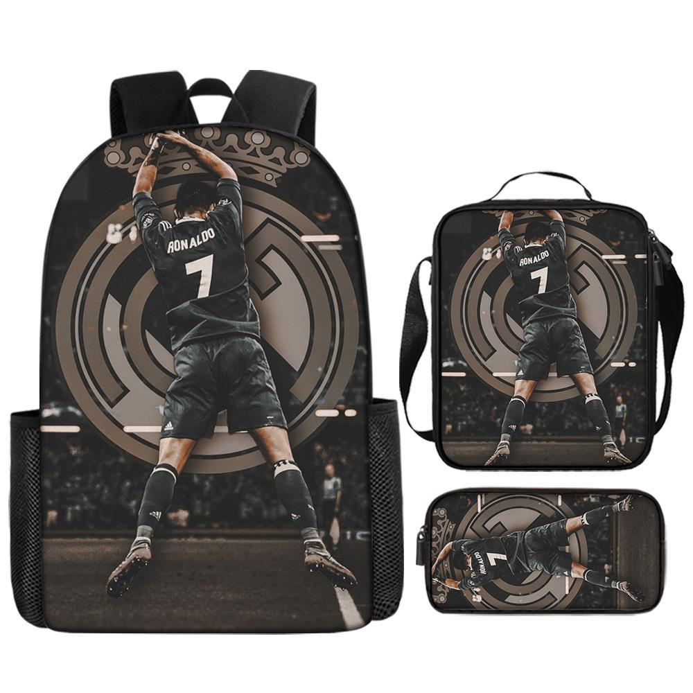Set de Mochila Escolar Infantil con Estampado de Cristiano Ronaldo de 3 Piezas Dibujos Animados para Estudiantes de Primaria Mochila Ligera Duradera de Gran Capacidad