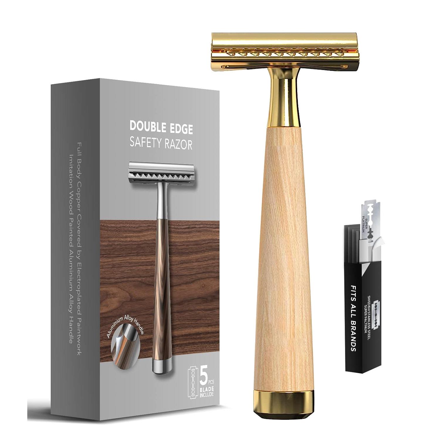 

Classic Men s Safety Razor with Wood Grain Handle + 5 Blade Refills - Close Shaving for Wet Shaving Routine, Eco-Friendly Gifts for Men