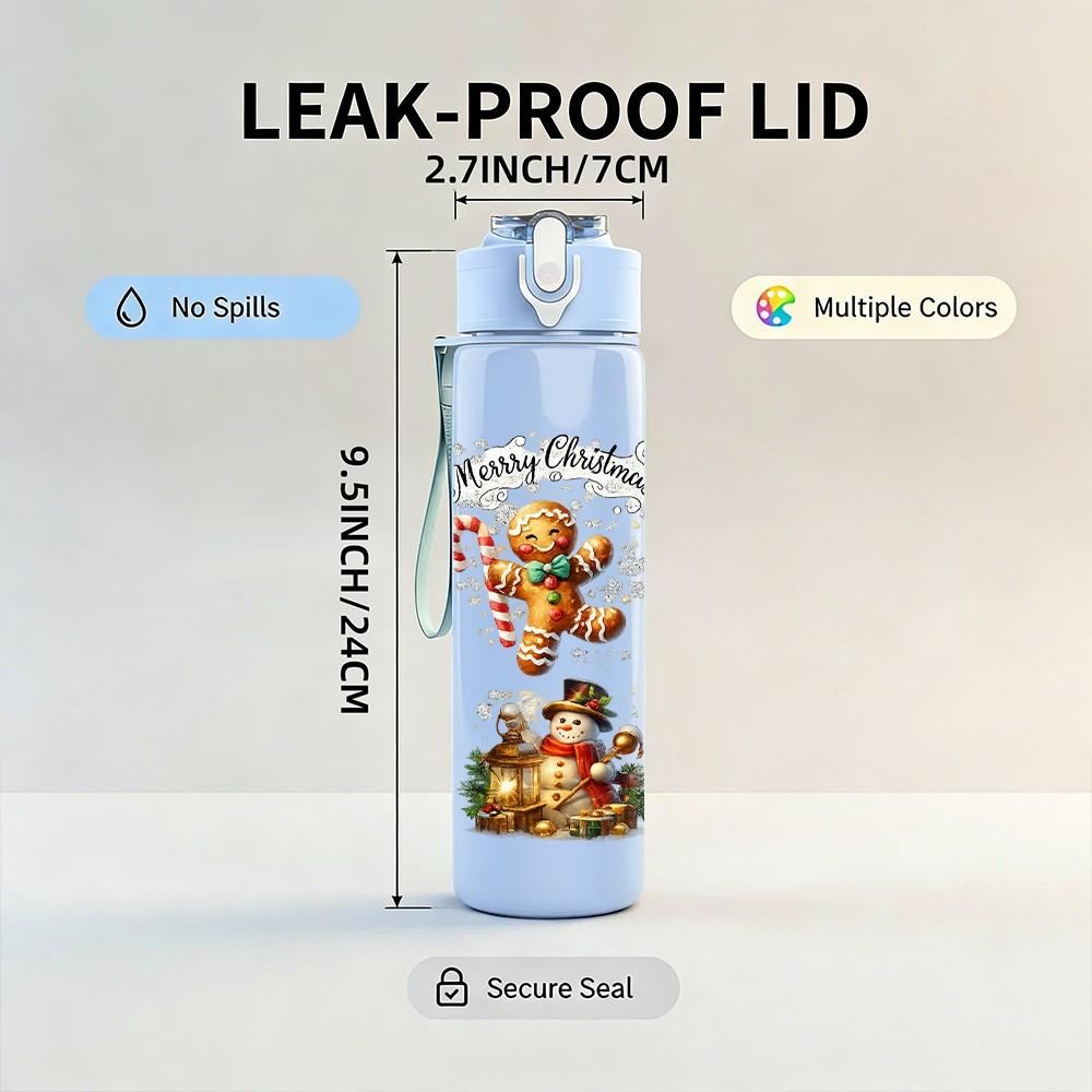 1PC Christmas Bear Gift Cartoon Print 750ml Color Plastic Sports Water Bottle Leakproof Flip Straw Lid Suitable for Sports Office Home Use