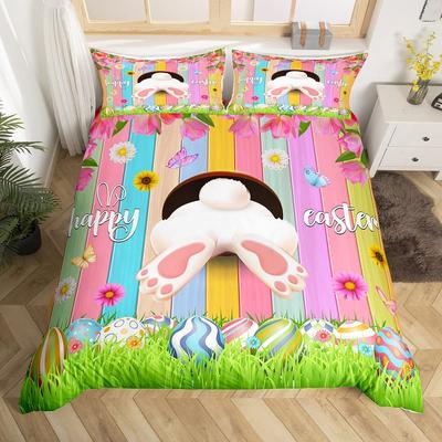 Easter Eggs Rabbit Tail Duvet Cover Tulip Flowers Comforter Cover Rainbow Wooden Plank Cartoon Animal Bedding Set Easter Decor