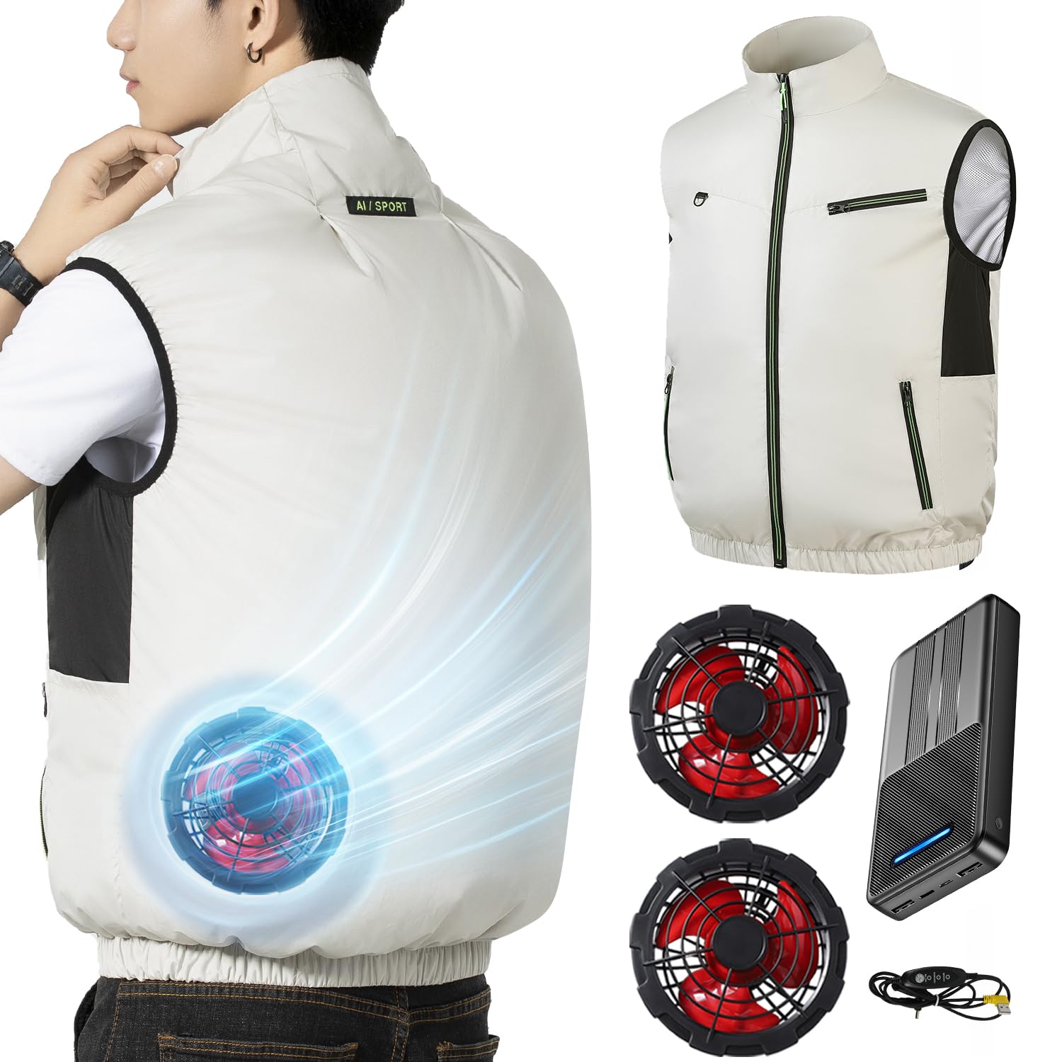 

Noraui Workwear Set with 2025 Wind Fan and 40800mAh Fan Work Airflow UV Unisex Beige Air-Conditioned High-Capacity Battery, Vest, Jacket, Cooling,