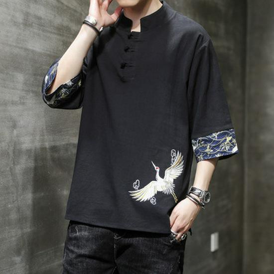 Herren Retro Stil Leinen V-Ausschnitt Besticktes T-Shirt, Lockere Passform, Dreiviertelärmel, Große Größe