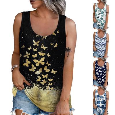 Women Summer Sleeveless Casual Floral Printed O-Neck T-Shirt Tops Blouse