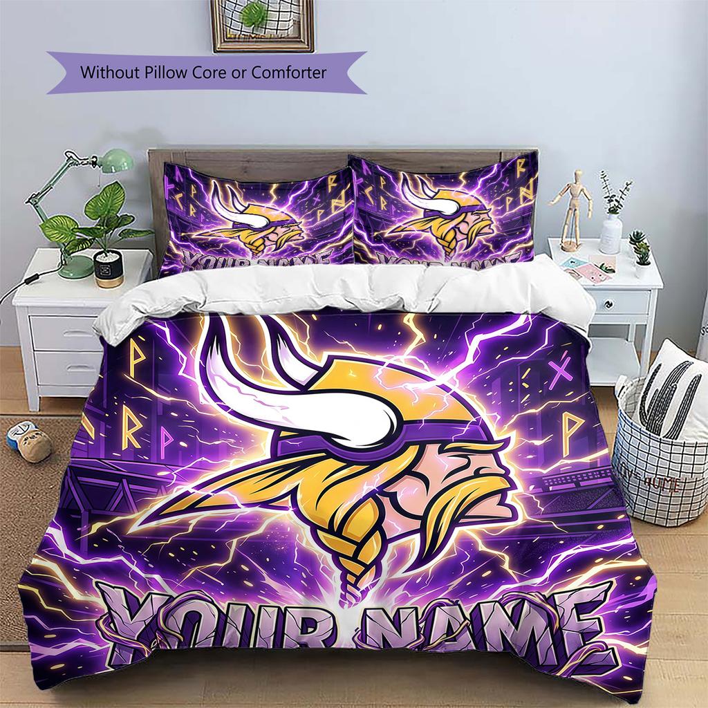 Benutzerdefinierter Name Minnesota Vikings 3 Muster Bettwäsche Steppdecke Set Heimdekoration Geschenk (1 Bettbezug + 2 Kissenbezüge (ohne Füllung))