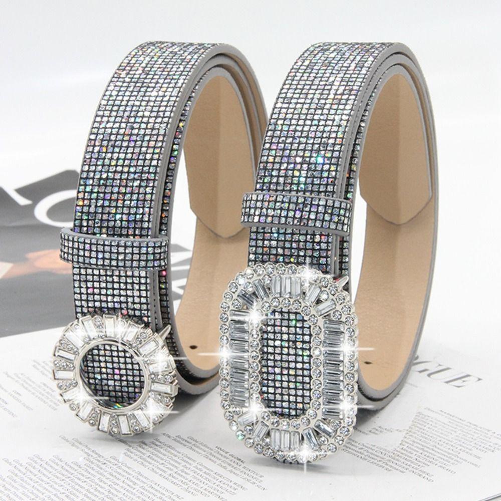 Glitter Sparkling Rhinestone Belt Versatile Slide Buckle Belt Fashion Trendy Waistband Women