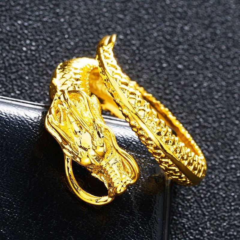 Vietnam Sand Gold Dragon Relief Men's Brass Ring with 24k Gold Electroplating