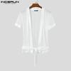 INCERUN Men Summer Short Sleeve Open Front Mesh Sheer See Through Tops T-shirts