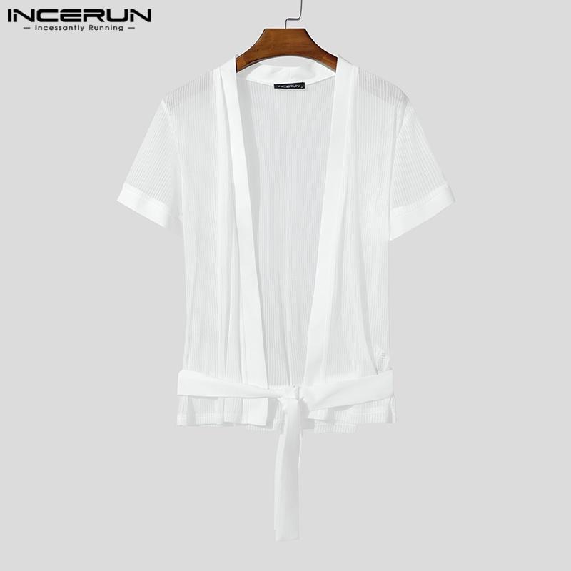 INCERUN Men Summer Short Sleeve Open Front Mesh Sheer See Through Tops T-shirts