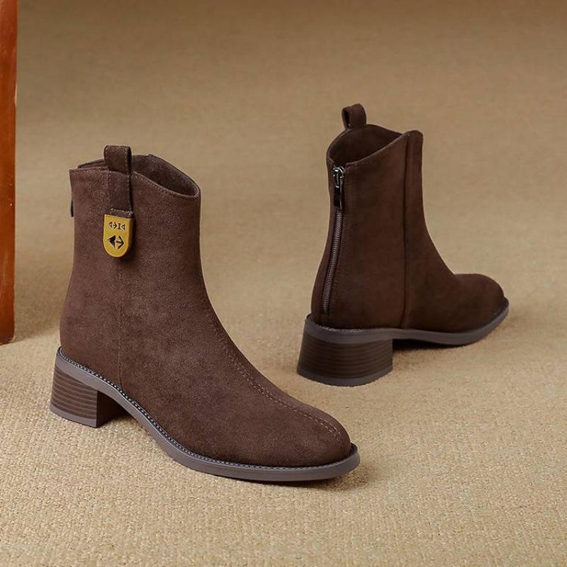 Autumn and Winter Women's Suede Rear Zipper Martin Boots Solid Color Round Head Medium Heel Large Size Women's Boots Round Head New Medium Boots