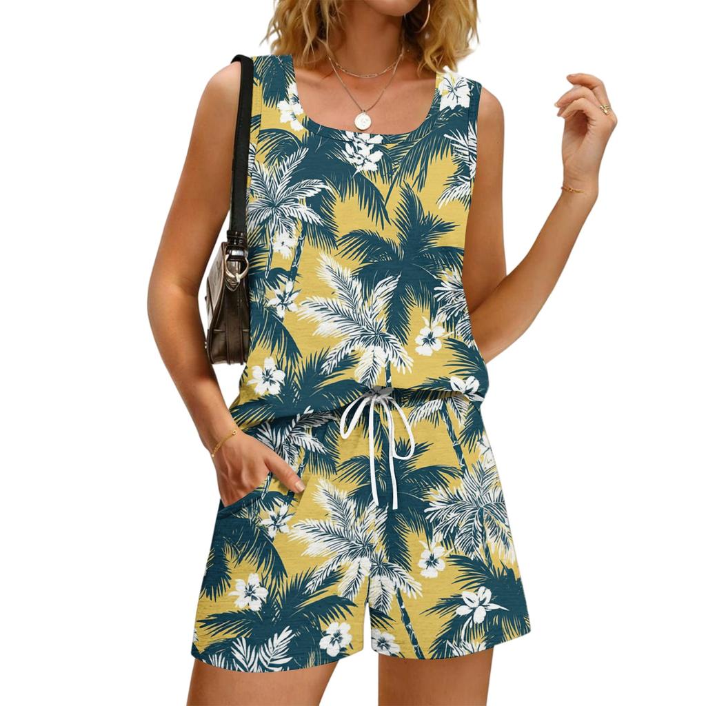 Women's 2 Piece Summer Casual Floral Print Square Neck Tank Top and Pants Set with Pockets