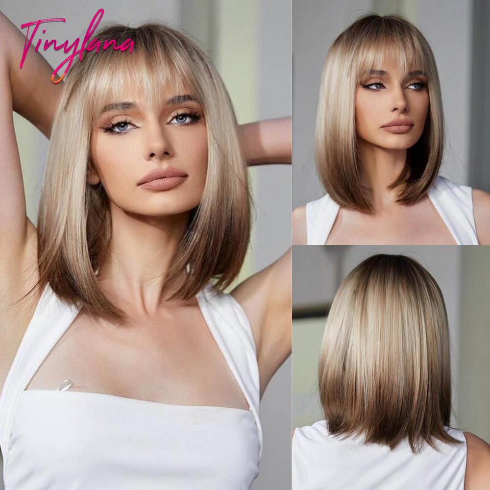 Bob Black Synthetic Wig with Bangs for Women Afro Short Dark Straight Wigs Cosplay Halloween Natural Hair Lolita Heat Resistant