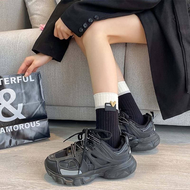 Japanese Style Women Y2K Girl Cotton Crew Socks Harajuku Sweet Love Label Colorblock Ribbed Knit Middle Tube Calf Socks