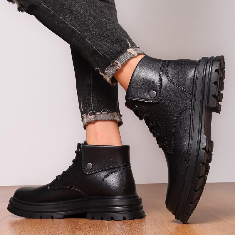 Non-Slip Male Motorcycle Boots Simple Plush Fur Snow Botas Genuine Leather Men Ankle Boots Handmade Autumn Winter High Top Shoes