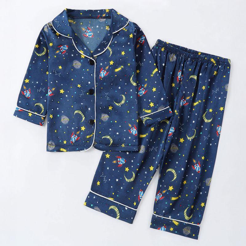 

1-8 Years Kids Printed Pajama Set Long-sleeved Button Top and Pants Christmas Loungewear 90