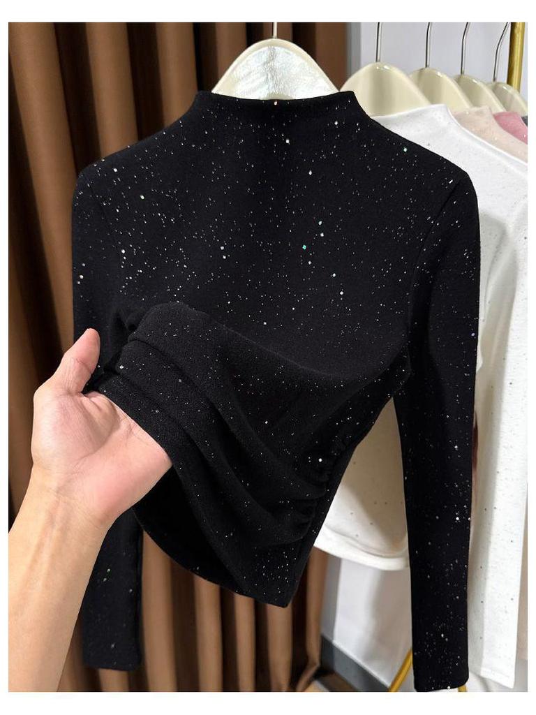 Women's Black Thermal Fleece Slimming Long-Sleeve Top with Half-High Neck - Stylish Base Layer for Autumn/Winter