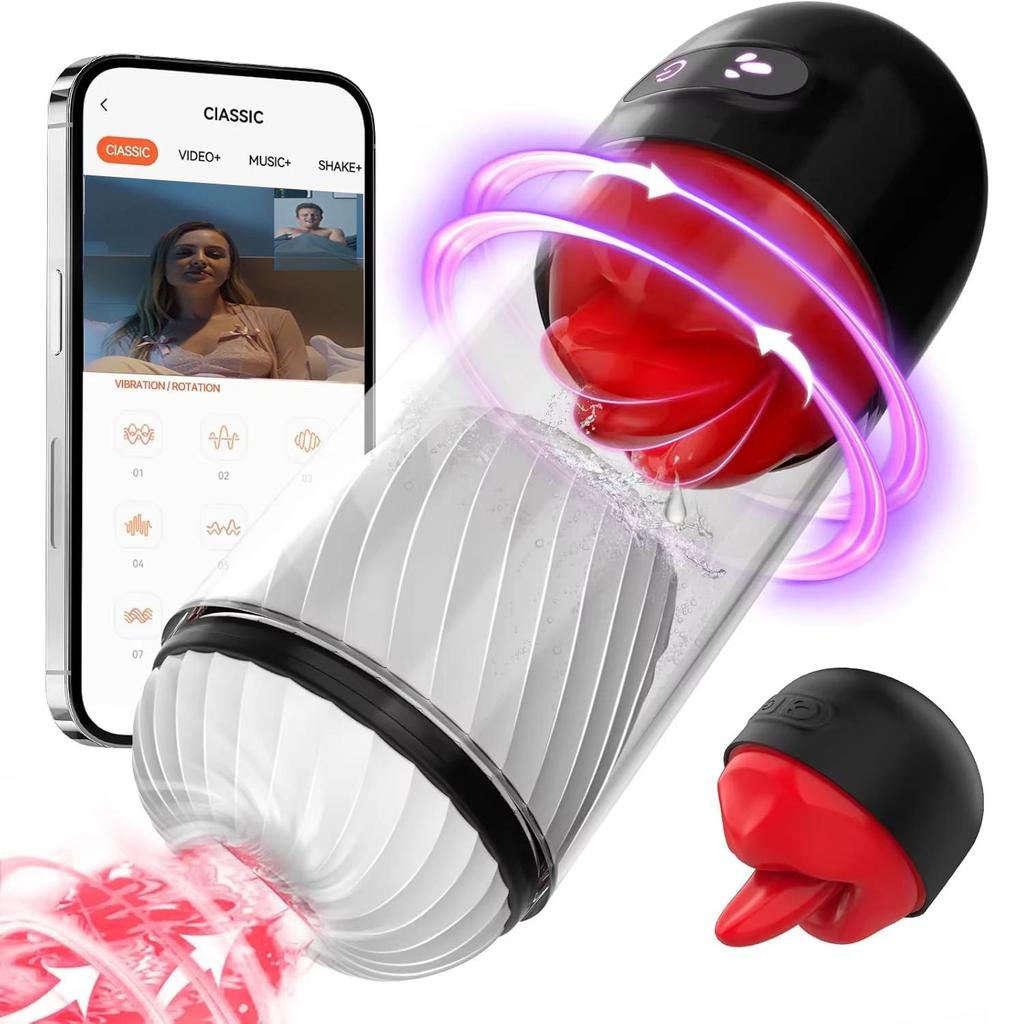 Sex Machine Male Masturbator Cup 360° Tongue Licking Vibrator APP Control Pocket Pussy Penetration Red Lips Sex Toys for Men
