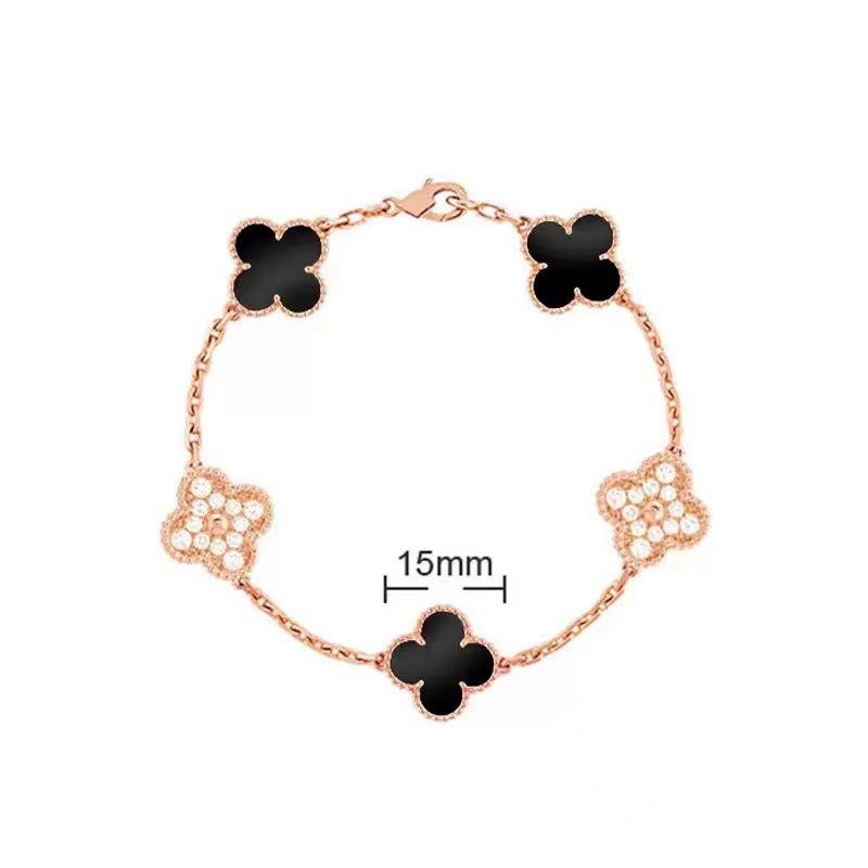 

Высококачественный браслет из 18-каратного розового золота с лазерной белой перламутровой вставкой, красным халцедоном 15 мм, четырехлистным клевером и пятью цветами для женщин