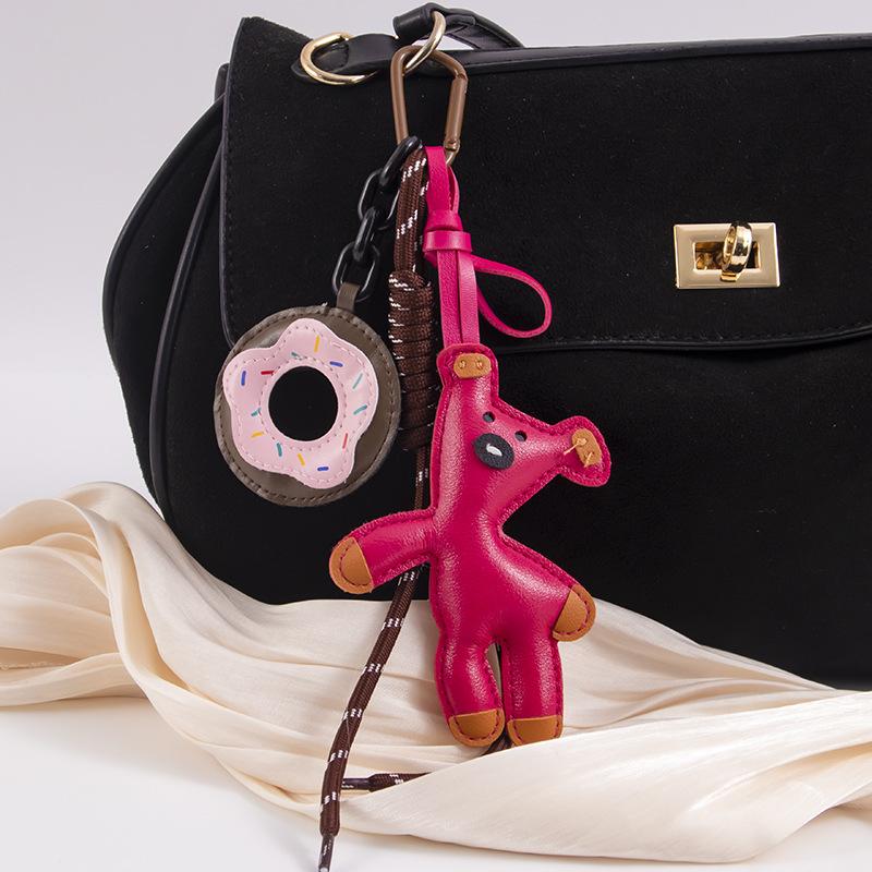 Original Vintage Bear Donut Bag Charm PU Leather Keychain Pendant Cute Multifunctional Birthday Gift Bag Charm for Backpack