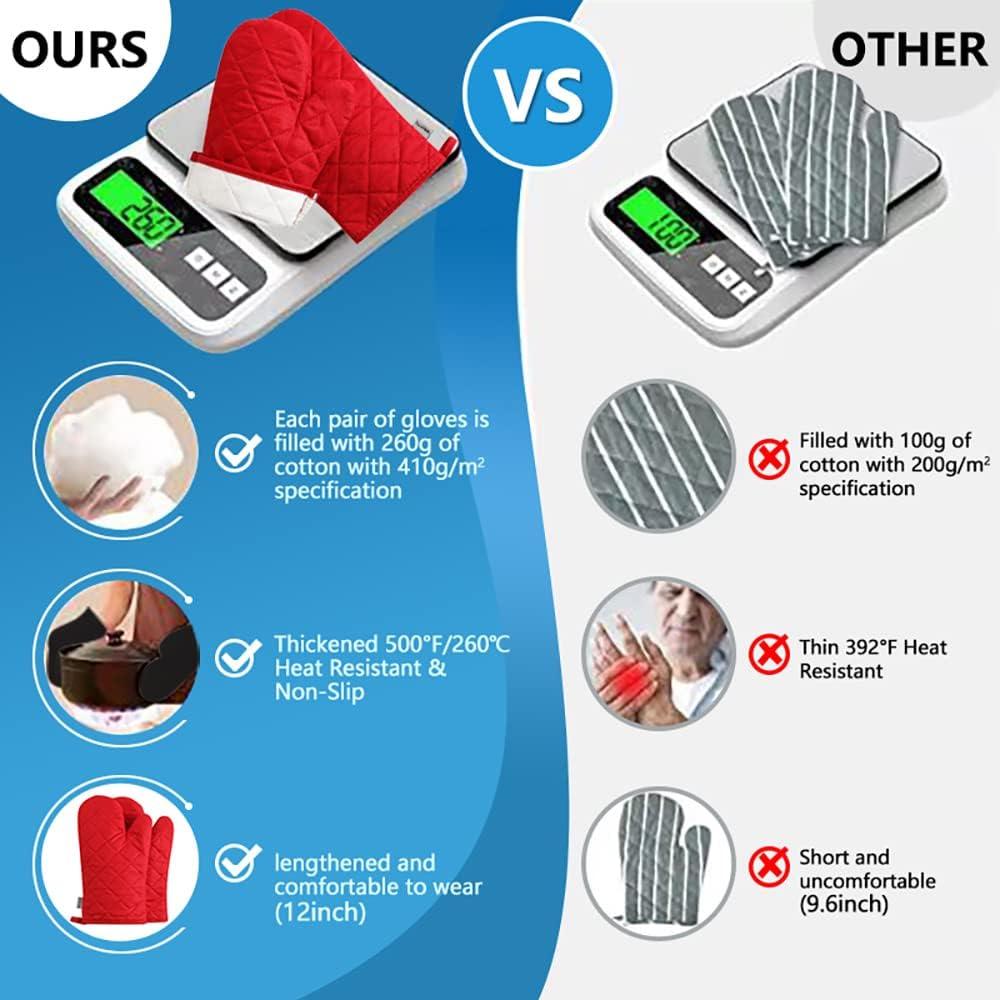 High temperature resistant 500 degree thickened lengthened kitchen cotton cooking gloves pot pad 4-piece set (12 inches, Red)