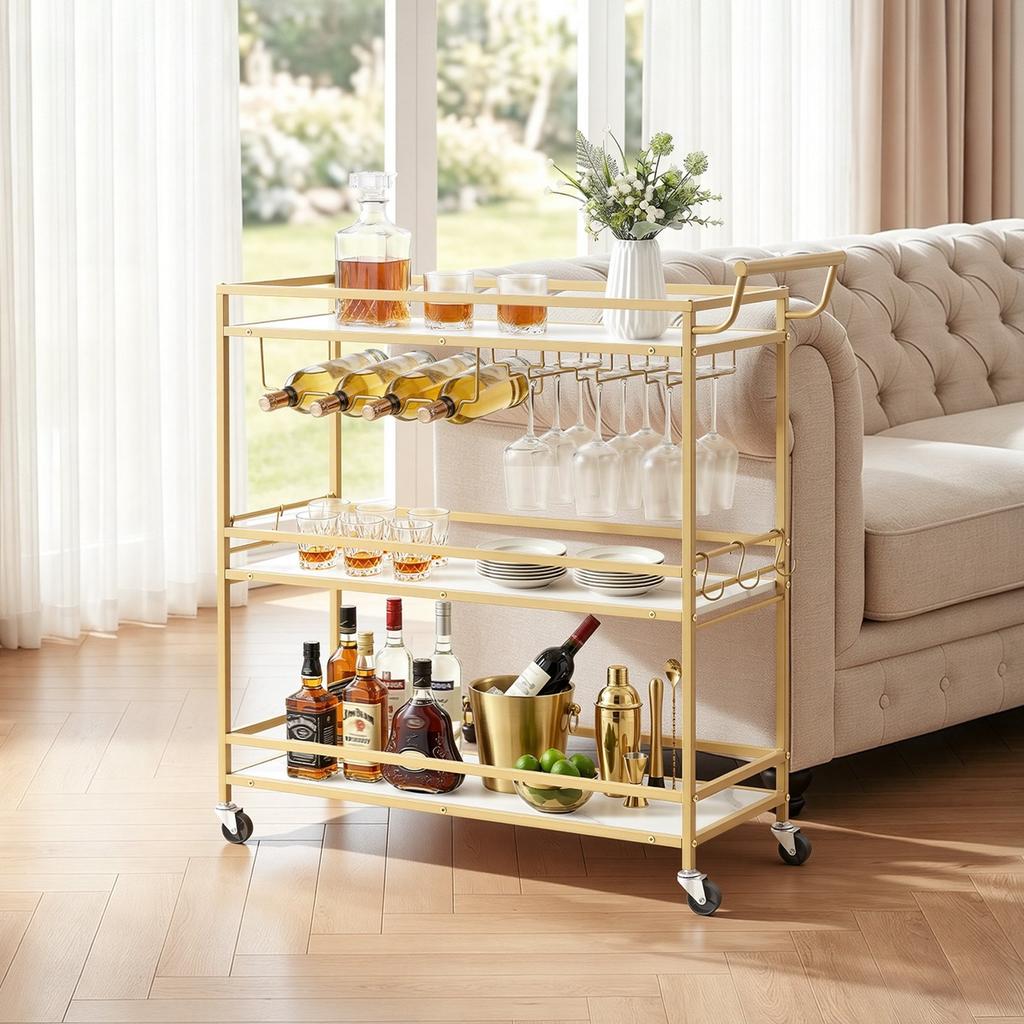 Bar Cart, 3 Tiers Home Kitchen Serving Carts, Modern Rolling Utility Station on Wheels, Mobile Drink Beverage Trolley with Wooden Shelf, Wine Rack,