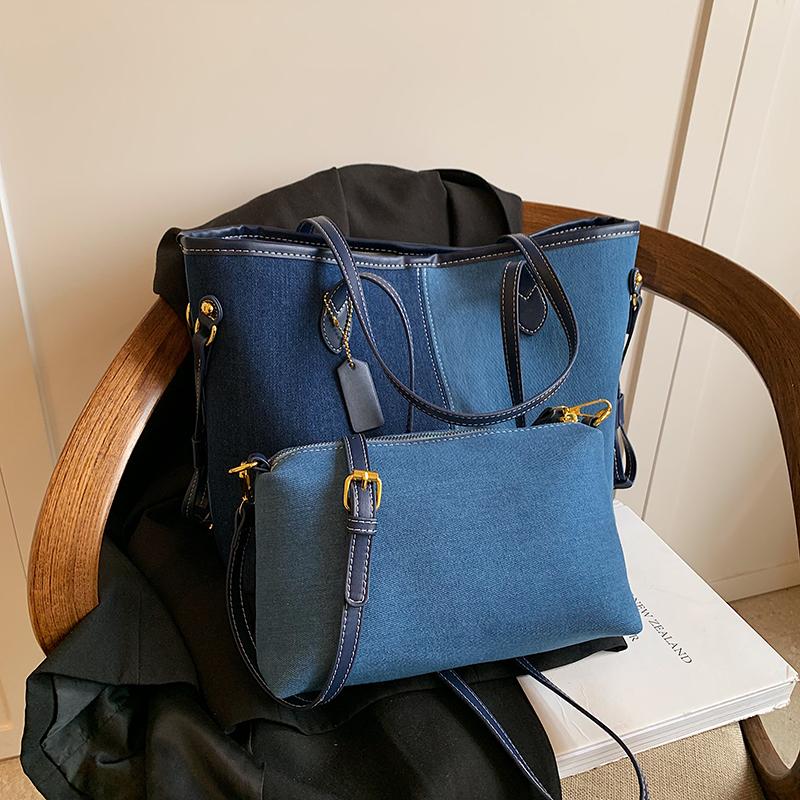 

Лоскутная сумка-тоут для женщин, большая вместимость, сумка-шоппер 2 в 1, джинсовая ткань, контрастный цвет, женская сумка 41x26x12cm