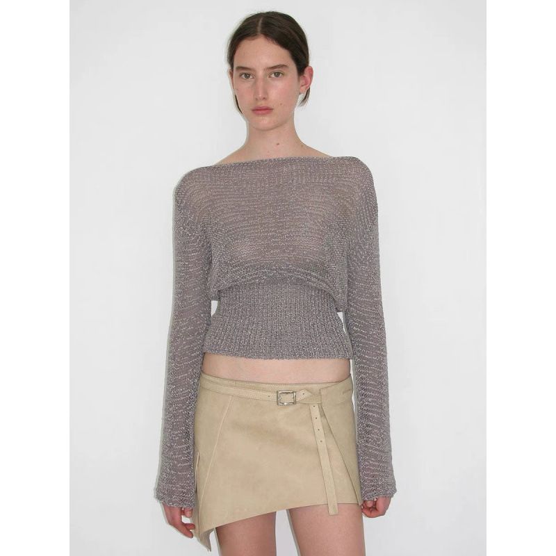 

Paloma Wool Temperament Hollow Loose off-Neck Sloping Shoulder Waist Hugging Micro Perspective Long sleeve Top Silver Long Sleeve L