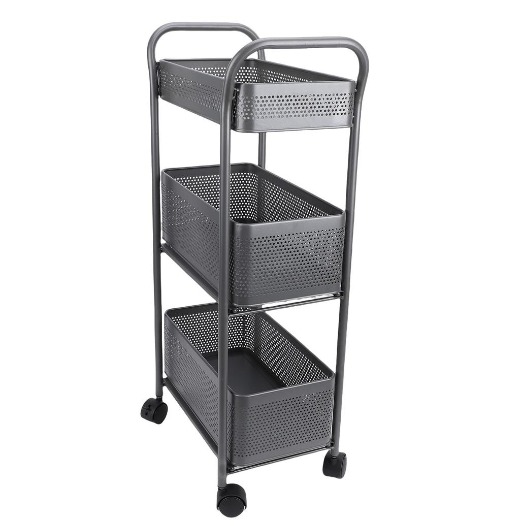 3 Tier Rolling Cart, Hvy Duty Steel Utility Cart with Sliding Mesh Basket and 4 Wheels, for Kitchen, Bathroom, Bedside, Laundry Room