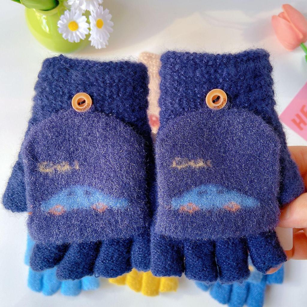 Cartoon Flip-Top Half-Finger Boy's Winter Gloves: Exposed Fingertips for Writing & Cycling