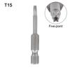 Magnetic Five Point For Torx Bit 50mm 14 Hex Shank with Hole for T8 T40 Sizes