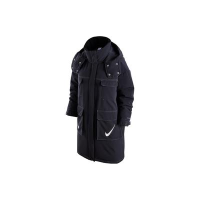 Solid Color Hooded Multi-Pocket Loose Casual Mid-Length Down Jacket Women Outerwear Black FV8167-010