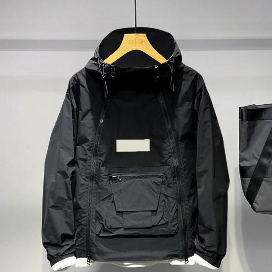 Men Trench Coat Hooded Drawstring Long Sleeve Double Zipper Cargo Tops Solid Color Large Pocket Street Style Outwear